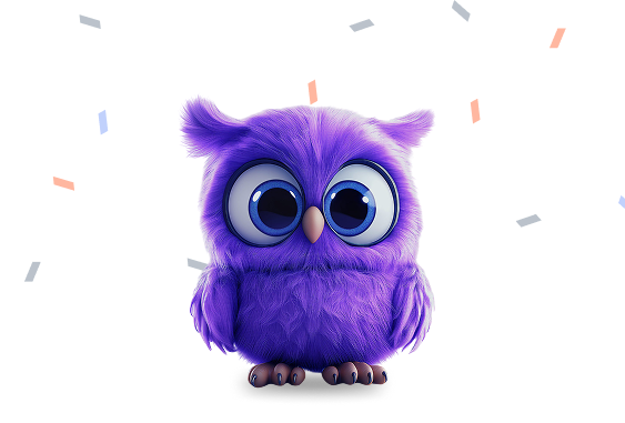 Cartoon Hoot owl celebrating with colorful confetti in the background